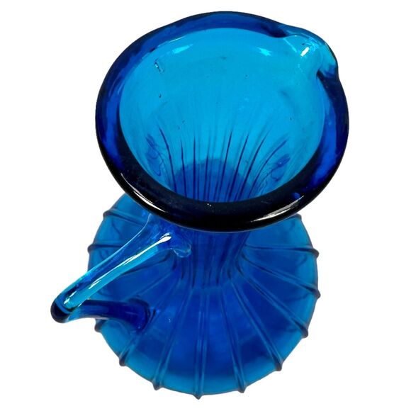 Vintage Rossini Empoli Glass Kingfisher Blue Pitcher Flower Vase Handle 60s MCM - Picture 6 of 9